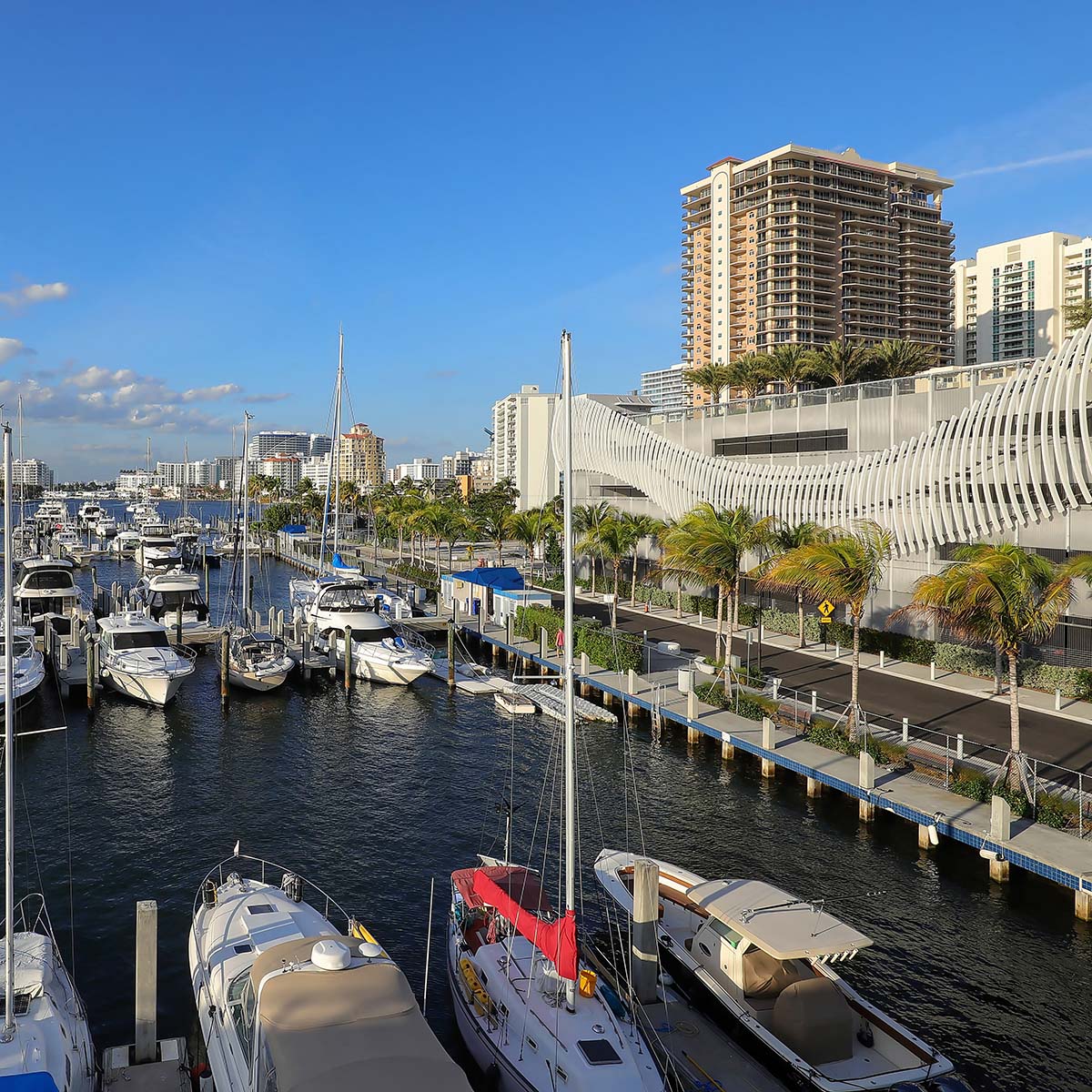 Marina with docked sailboats in East Fort Lauderdale.